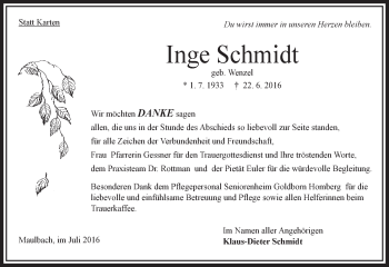 Traueranzeige von Inge Schmidt von  OK Oberhessen Kurier