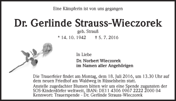 Traueranzeige von Gerlinde Strauss-Wieczorek von Trauerportal Rhein Main Presse
