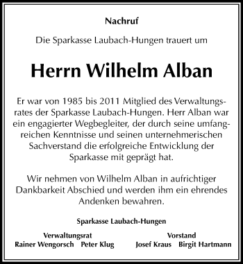 Traueranzeige von Wilhelm Alban von  Gießener Anzeiger