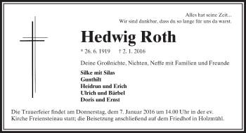 Traueranzeige von Hedwig Roth von VRM Trauer