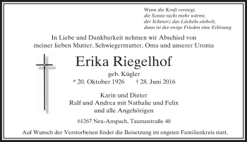 Traueranzeige von Erika Riegelhof von  Usinger Anzeiger Traueranzeige von Erika Riegelhof von  Usinger Anzeiger