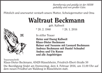 Traueranzeige von Waltraut Beckmann von  Mainspitze