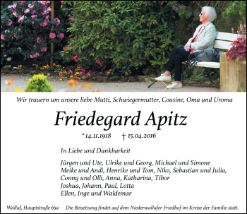 Traueranzeige von Friedegard Apitz von  Rheingau