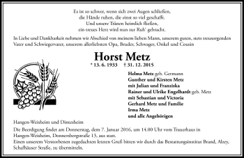 Traueranzeige von Horst Metz von  Allgemeine Zeitung Alzey
