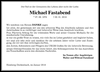 Traueranzeige von Michael Fastabend von  OK Oberhessen Kurier