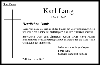 Traueranzeige von Karl Lang von  OK Oberhessen Kurier