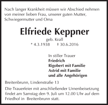 Traueranzeige von Elfriede Keppner von Trauerportal Echo Online