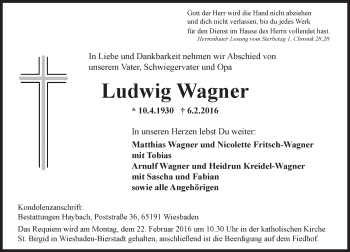 Traueranzeige von Ludwig Wagner von  Wiesbaden komplett