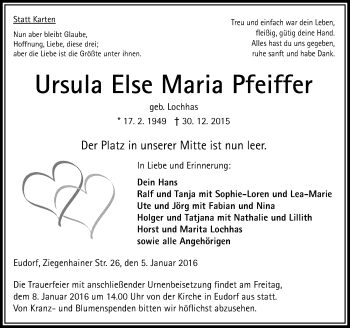 Traueranzeige von Ursula Else Maria Pfeiffer von VRM Trauer