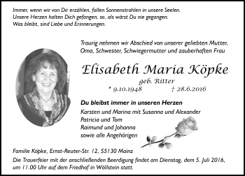 Traueranzeige von Elisabeth Maria Köpke von Trauerportal Rhein Main Presse