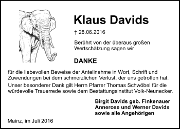 Traueranzeige von Klaus Davids von Trauerportal Rhein Main Presse