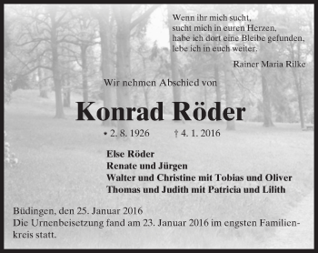 Traueranzeige von Konrad Röder von  Kreisanzeiger