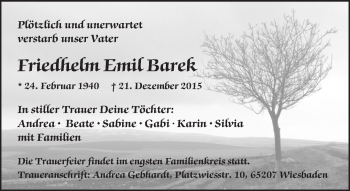 Traueranzeige von Friedhelm Emil Barek von  Wiesbaden komplett