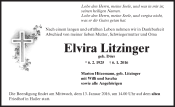 Traueranzeige von Elvira Litzinger von  GT am Sonntag