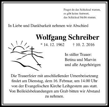 Traueranzeige von Wolfgang Schreiber von  Gießener Anzeiger