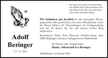 Traueranzeige von Adolf Beringer von  Sonntags Anzeiger
