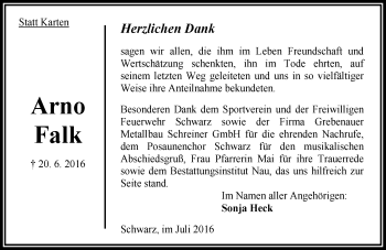 Traueranzeige von Arno Falk von  OK Oberhessen Kurier