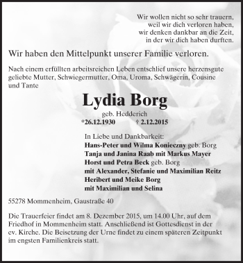 Traueranzeige von Lydia Borg von  Allgemeine Zeitung Mainz