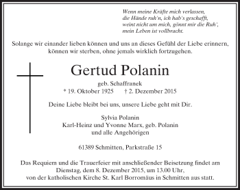 Traueranzeige von Gertud Polanin von  Usinger Anzeiger