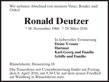 Traueranzeige von Ronald Deutzer von  Mainspitze