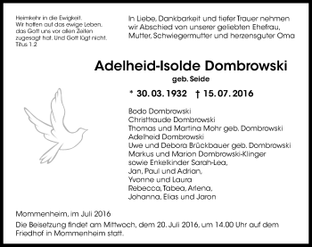 Traueranzeige von Adelheid-Isolde Dombrowski von Trauerportal Rhein Main Presse