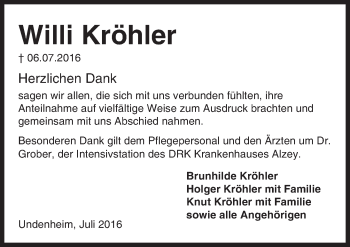 Traueranzeige von Willi Kröhler von Trauerportal Rhein Main Presse