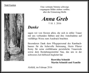 Traueranzeige von Anna Greb von  OK Oberhessen Kurier