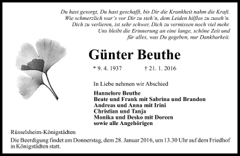 Traueranzeige von Günter Beuthe von  Mainspitze