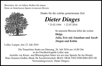 Traueranzeige von Dieter Dinges von  Gießener Anzeiger