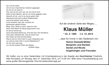 Traueranzeige von Klaus Müller von  Wormser Zeitung