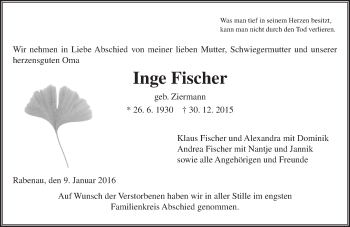 Traueranzeige von Inge Fischer von  Gießener Anzeiger