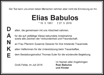 Traueranzeige von Elias Babulos von  OK Oberhessen Kurier