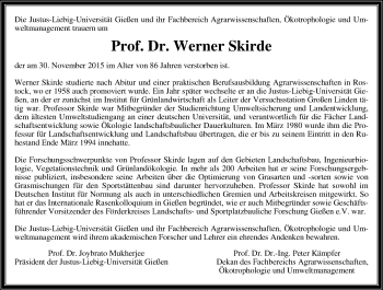 Traueranzeige von Werner Skirde von  Gießener Anzeiger