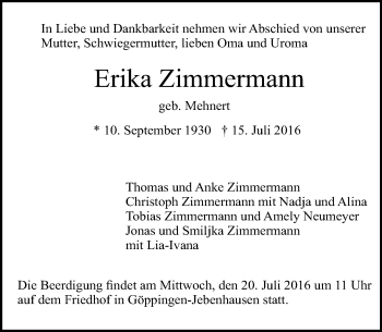 Traueranzeige von Erika Zimmermann von Trauerportal Echo Online