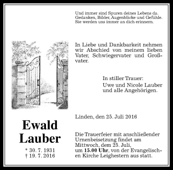 Traueranzeige von Ewald Lauber von  Gießener Anzeiger