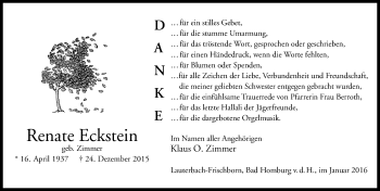 Traueranzeige von Renate Eckstein von  OK Oberhessen Kurier
