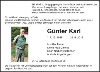 Traueranzeige von Günter Karl von Trauerportal Echo Online
