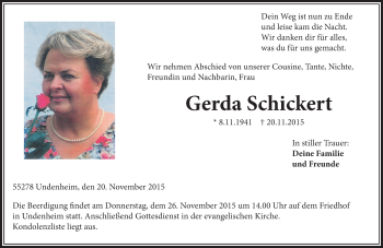 Traueranzeige von Gerda Schickert von  Allgemeine Zeitung Mainz