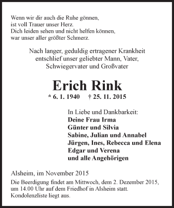 Traueranzeige von Erich Rink von  Wormser Zeitung