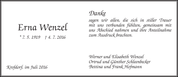 Traueranzeige von Erna Wenzel von  Gießener Anzeiger