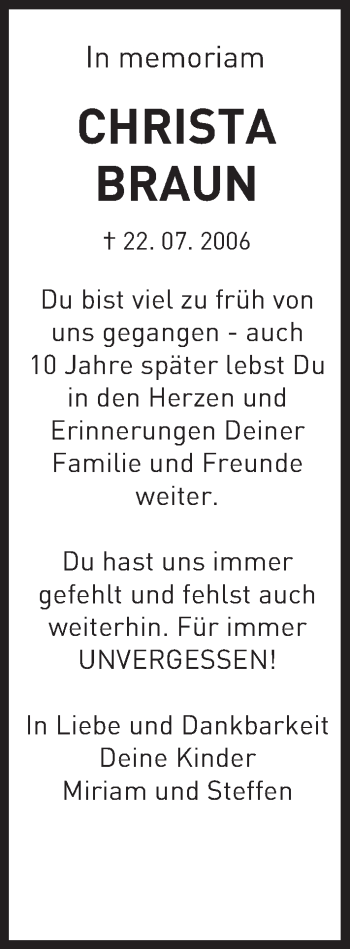 Traueranzeige von Christa Braun von Trauerportal Rhein Main Presse
