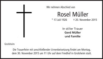 Traueranzeige von Rosel Müller von  Allgemeine  Zeitung Ingelheim-Bingen