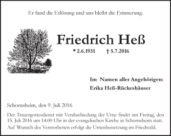 Traueranzeige von Friedrich Heß von Trauerportal Rhein Main Presse