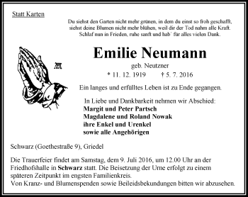 Traueranzeige von Emilie Neumann von VRM Trauer