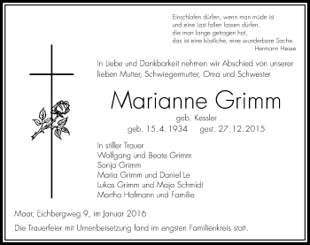 Traueranzeige von Marianne Grimm von VRM Trauer