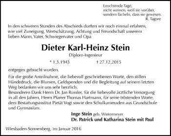 Traueranzeige von Dieter Karl-Heinz Stein von  Wiesbaden komplett