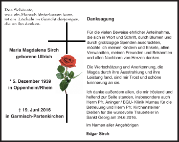 Traueranzeige von Maria Magdalena Sirch von Trauerportal Rhein Main Presse