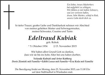 Traueranzeige von Edeltraud Kubiak von  Wiesbaden komplett
