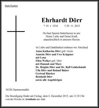 Traueranzeige von Ehrhardt Dörr von VRM Trauer