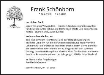 Traueranzeige von Frank Schönborn von Trauerportal Rhein Main Presse